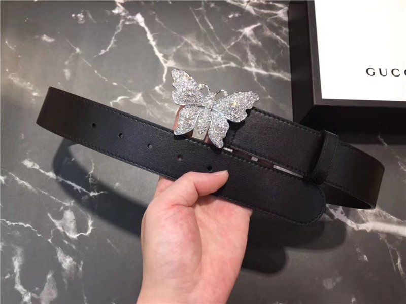 Gucci 2018新款 走秀款 原版牛皮 蝴蝶滿鉆扣頭 黑色銀扣