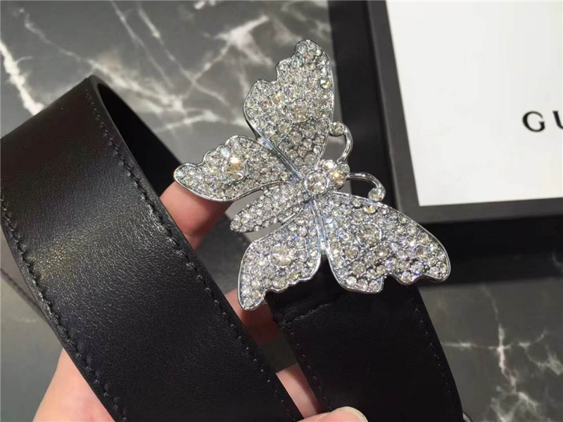 Gucci 2018新款 走秀款 原版牛皮 蝴蝶滿鉆扣頭 黑色銀扣
