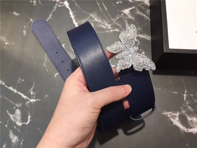 Gucci 2018新款 走秀款 原版牛皮 蝴蝶滿鉆扣頭 藍(lán)色銀扣