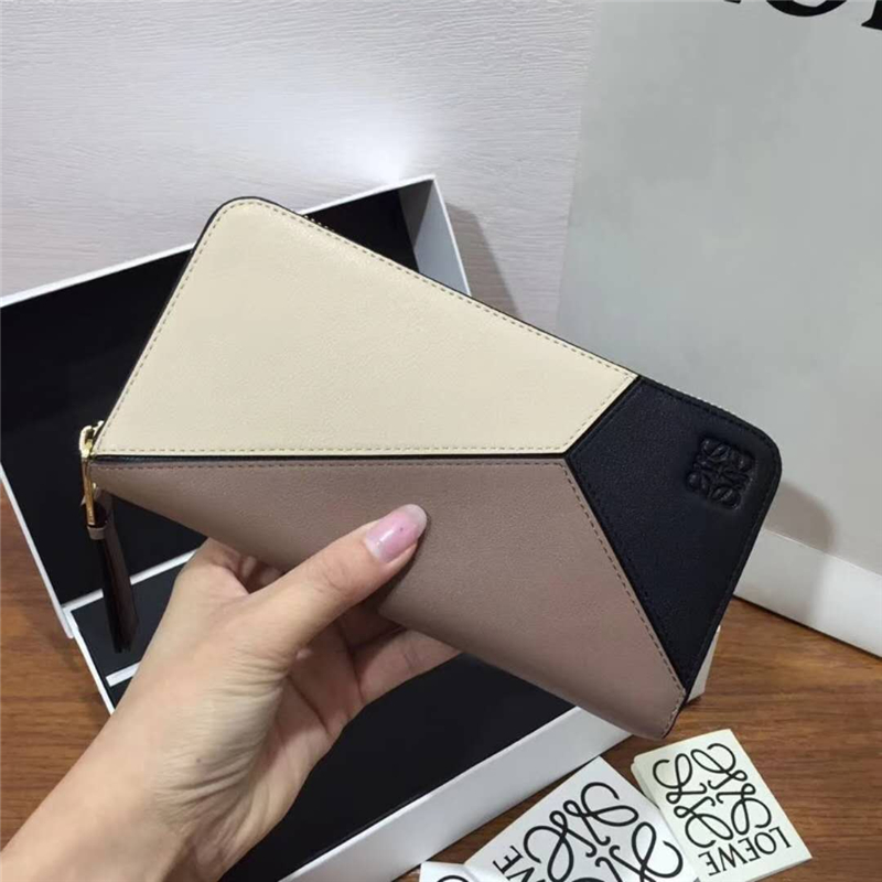 3515 Loewe羅意威 Puzzle系列 牛皮長夾 拼色 拉鏈長款錢包 米色