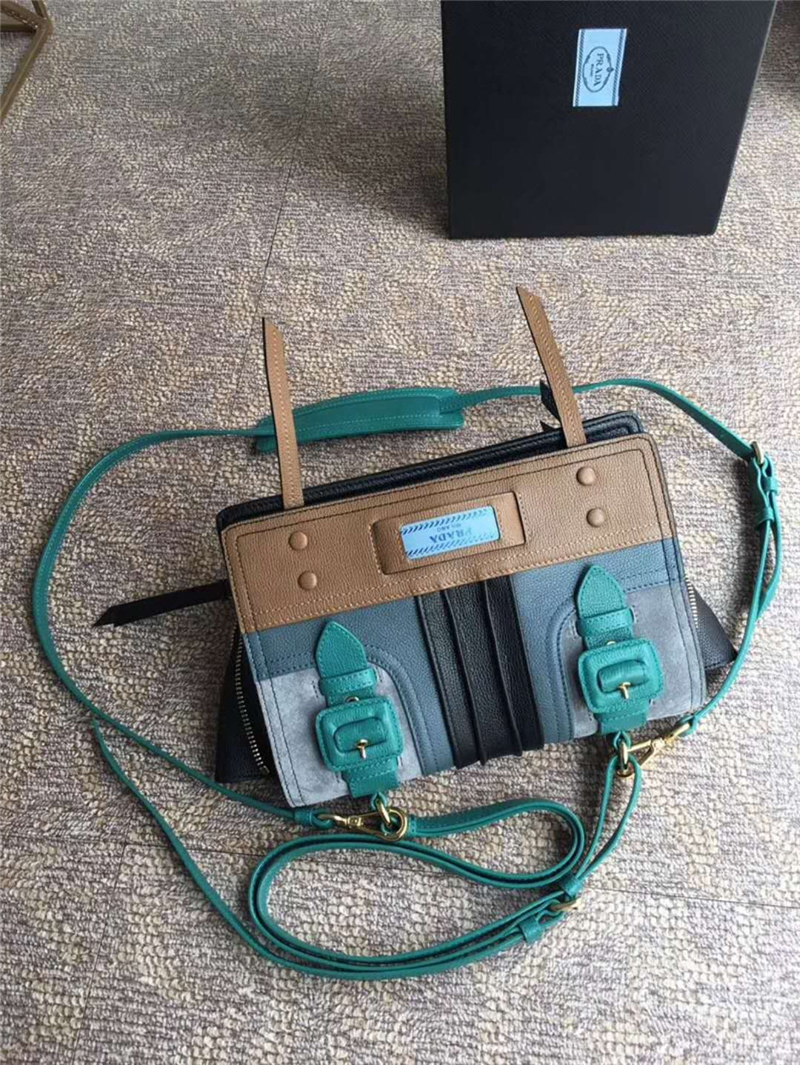 1BD093 Prada普拉達 Etiquette手袋 小牛皮 拼色手工 肩背包 肉桂色配孔雀藍