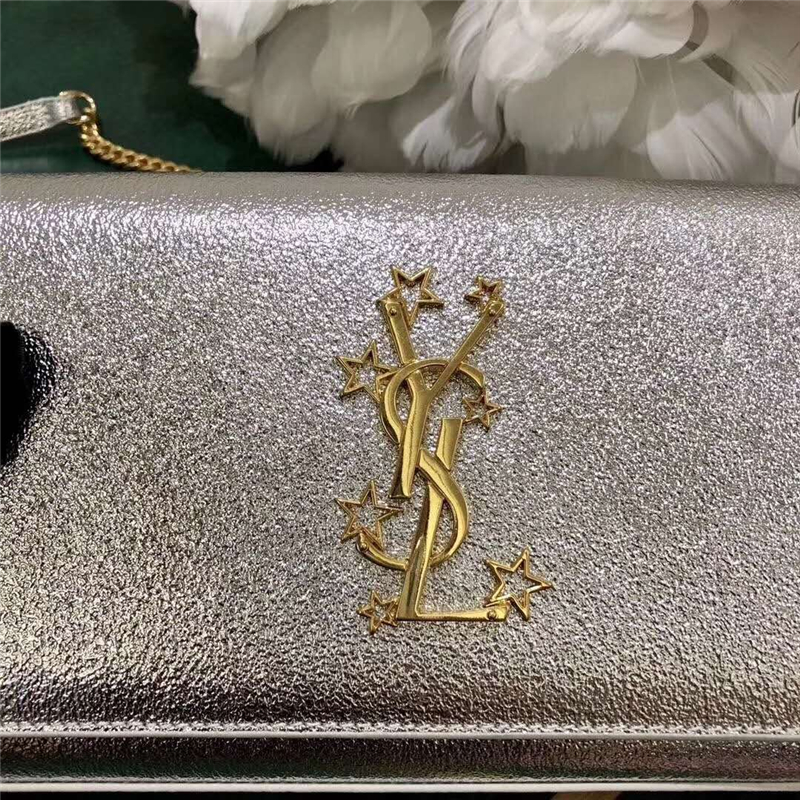 YSL圣羅蘭 最新材質 鉆石紋 金屬皮 星扣 鏈條包 銀色