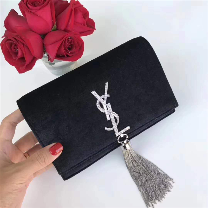 491521 YSL圣羅蘭 天鵝絨 帶鉆五金 手拿肩背 流蘇兩用包 黑色