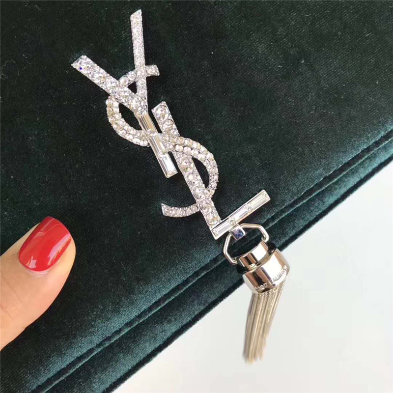 491521 YSL圣羅蘭 天鵝絨 帶鉆五金 手拿肩背 流蘇兩用包 綠色