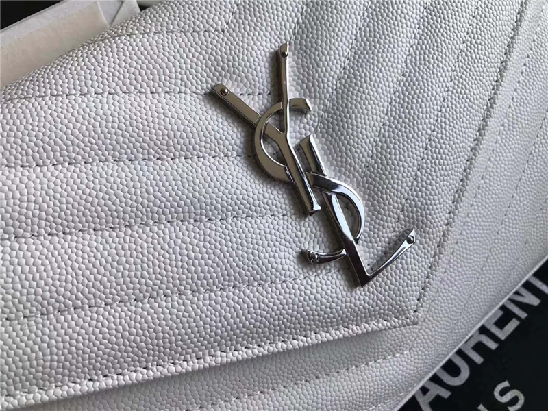 377828 YSL 進口魚子醬皮 圣羅蘭 真皮鏈式皮夾 白色銀飾