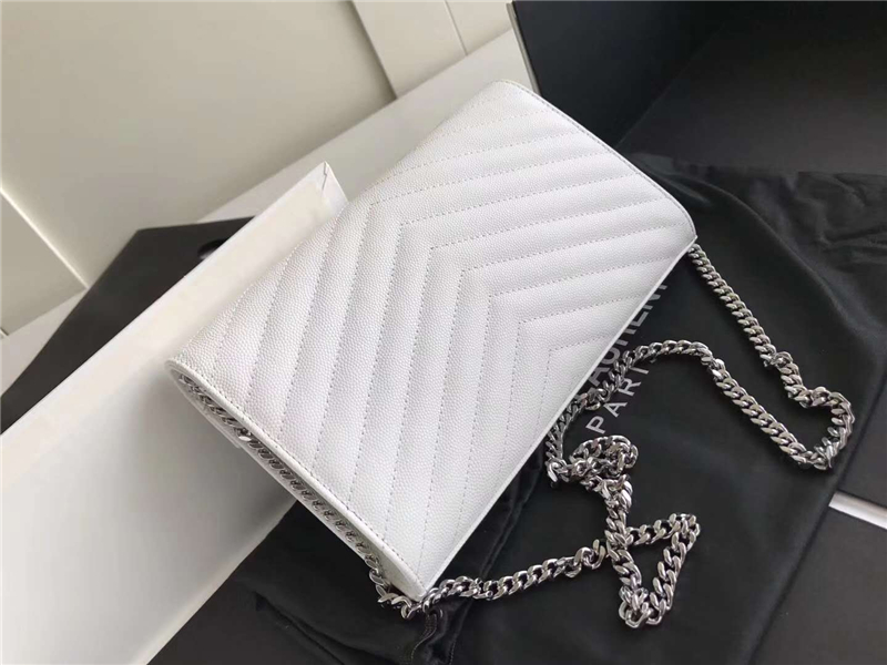 377828 YSL 進口魚子醬皮 圣羅蘭 真皮鏈式皮夾 白色銀飾