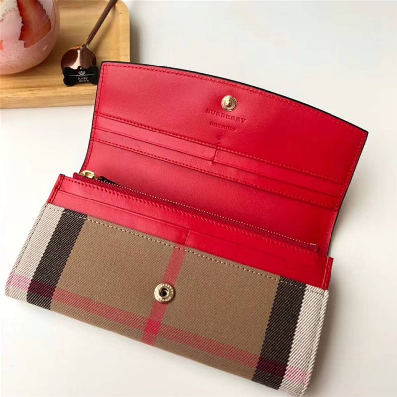 39753271 Burberry巴寶莉 Banner手袋系列 House格紋 拼皮長款錢夾 繽紛紅