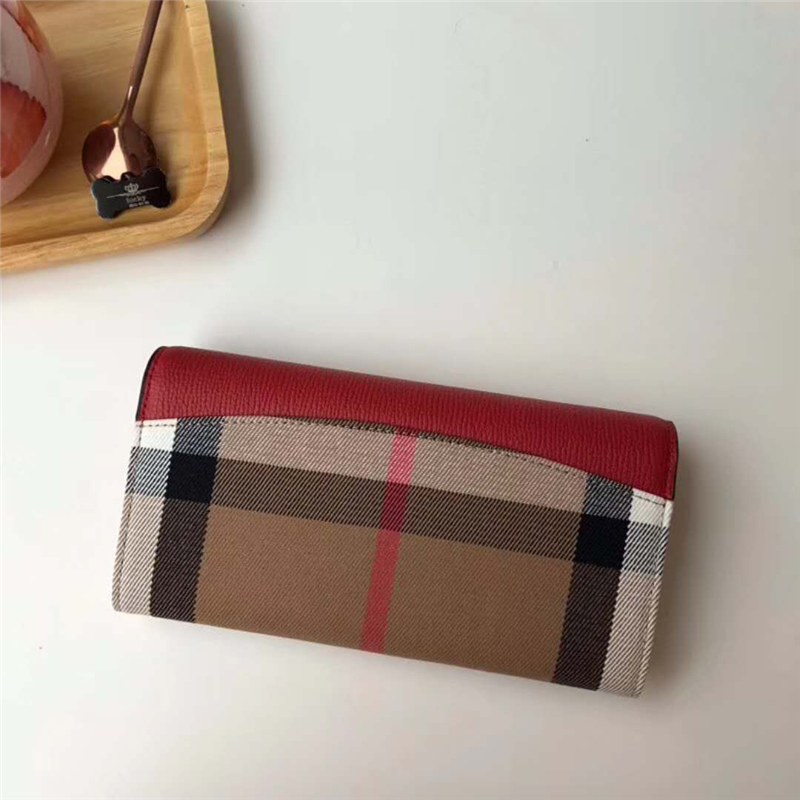 39753271 Burberry巴寶莉 Banner手袋系列 House格紋 拼皮長款錢夾 繽紛紅