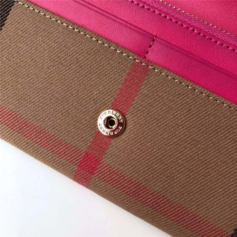 39968602 Burberry巴寶莉 Banner手袋系列 House格紋 拼皮長款錢夾 玫紅色