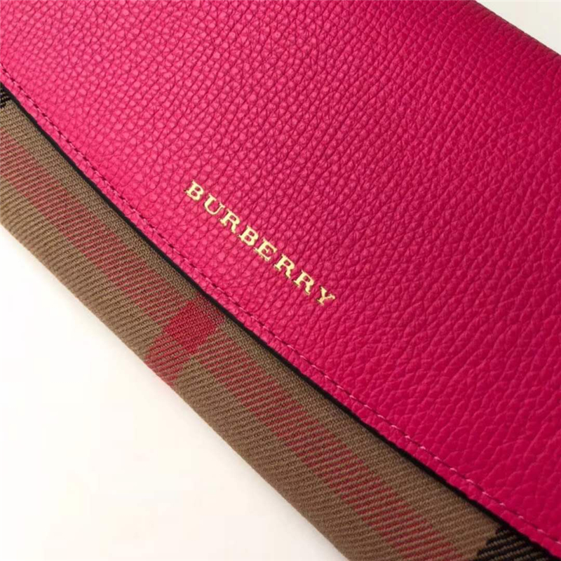 39968602 Burberry巴寶莉 Banner手袋系列 House格紋 拼皮長款錢夾 玫紅色
