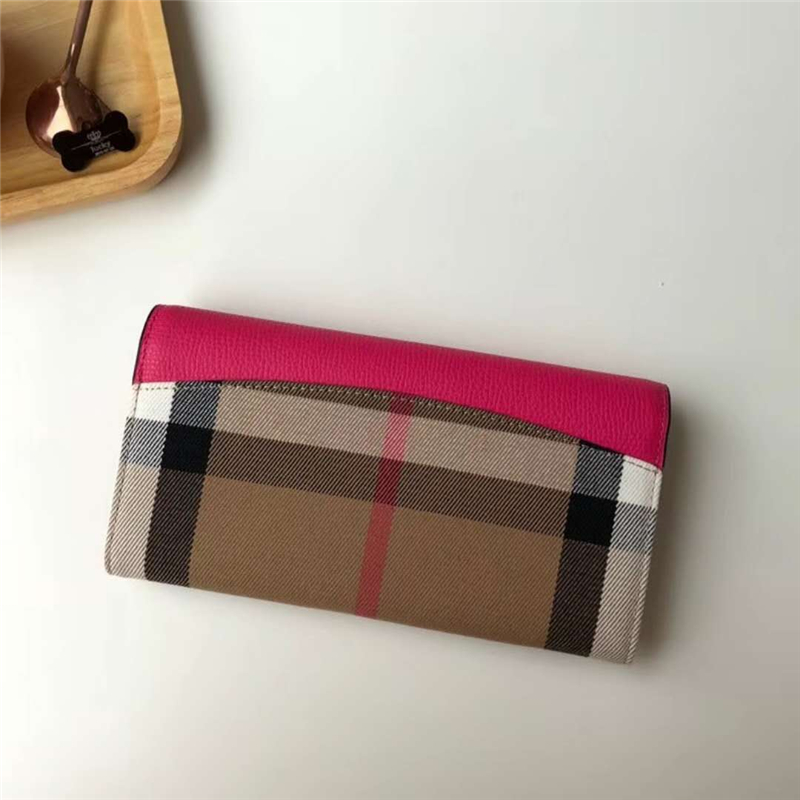 39968602 Burberry巴寶莉 Banner手袋系列 House格紋 拼皮長款錢夾 玫紅色