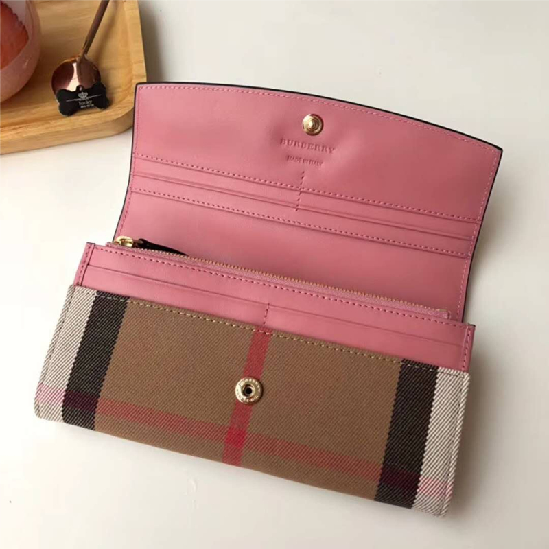 40500731 Burberry巴寶莉 Banner手袋系列 House格紋 拼皮長款錢夾 櫻花粉