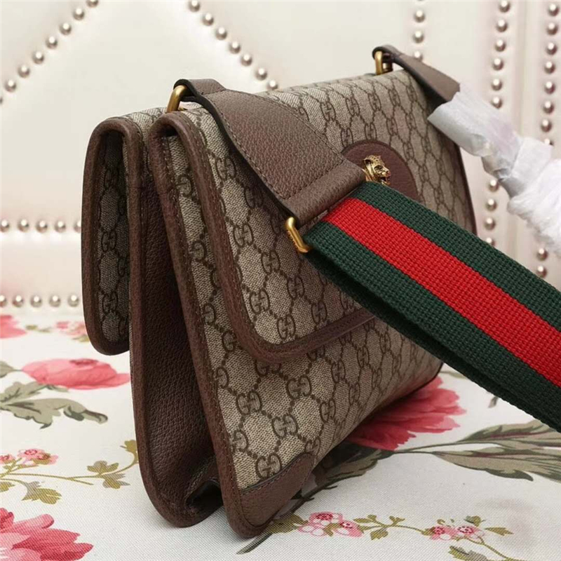 495654 GUCCI 高級人造帆布 虎頭裝飾 雙翻蓋復古肩包 啡色