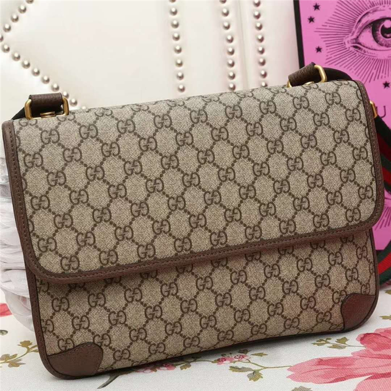 495654 GUCCI 高級人造帆布 虎頭裝飾 雙翻蓋復古肩包 啡色