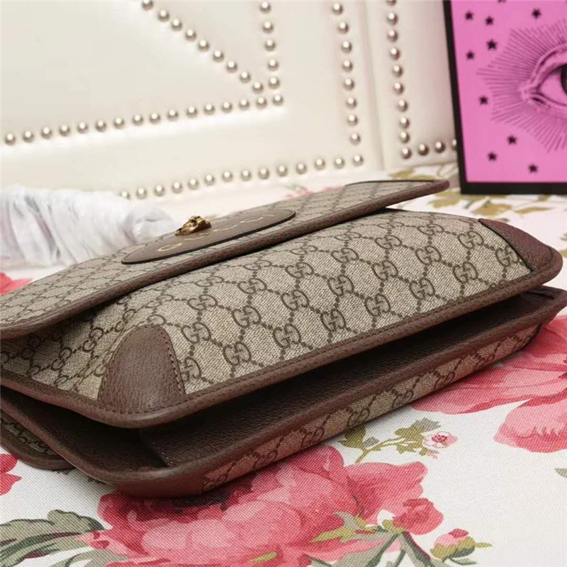 495654 GUCCI 高級人造帆布 虎頭裝飾 雙翻蓋復古肩包 啡色