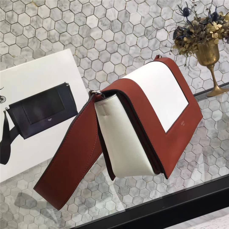 Celine 賽琳 Frame 新款 亮澤光滑小牛皮 拼色單肩包 棕配白