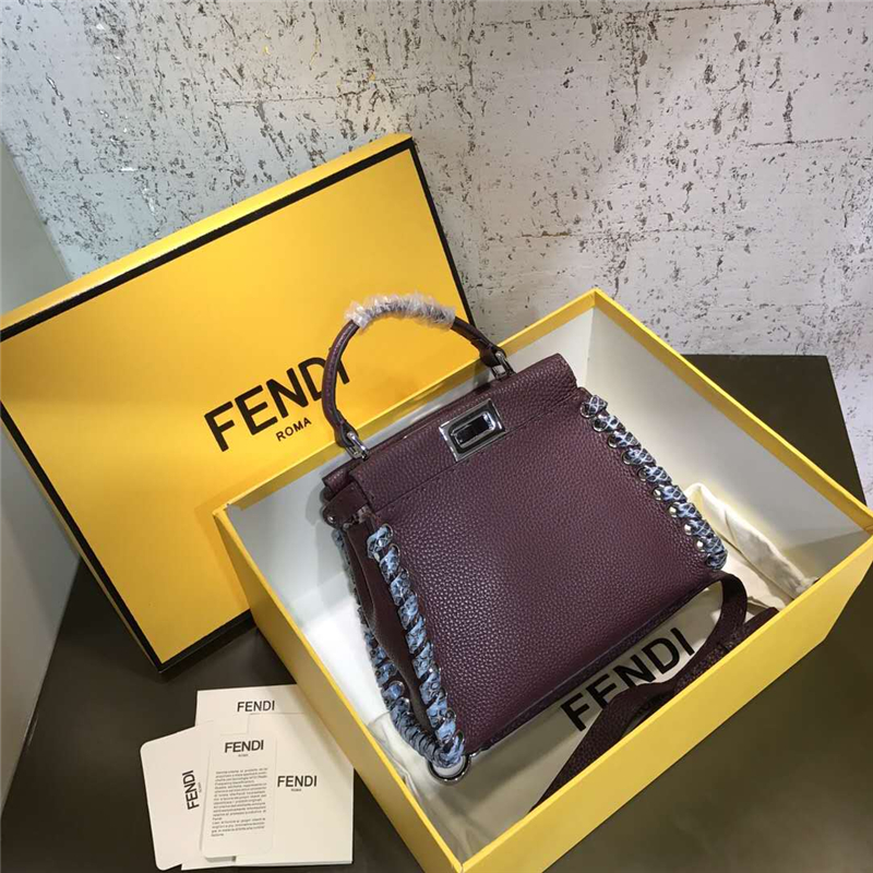 3105S FENDI芬迪 MINI 邊緣蛇皮編織裝飾 荔枝紋牛皮手提包 紫色