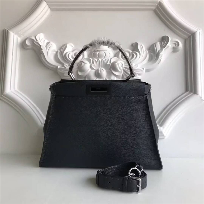 3106M FENDI芬迪 PEEKABOO 蟒蛇皮單提手 荔枝紋牛皮手提包 藏青色