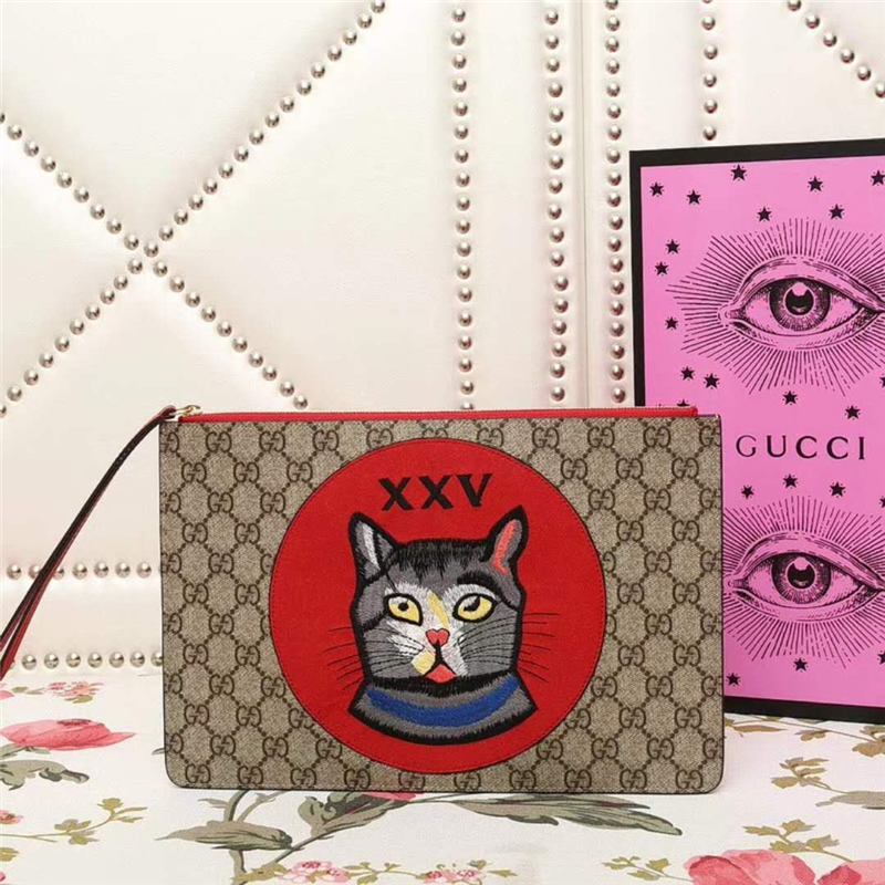 506280 Gucci Bosco圖案 貓頭 高級人造帆布 纖薄手包 紅色