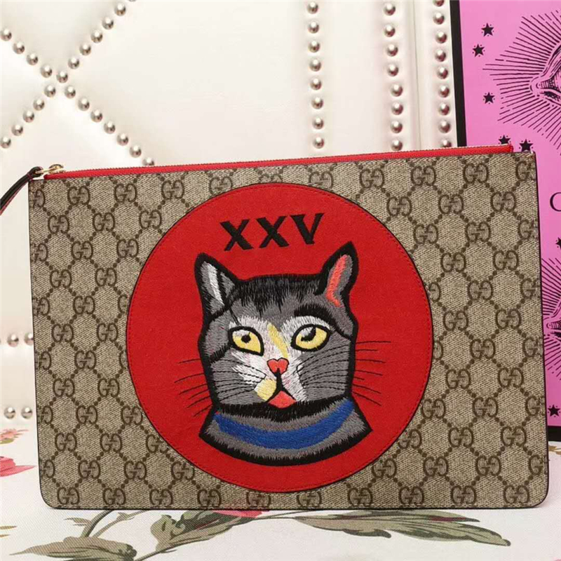 506280 Gucci Bosco圖案 貓頭 高級人造帆布 纖薄手包 紅色