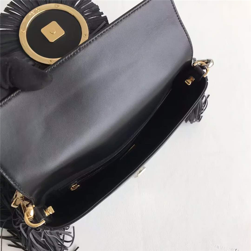 7781 FENDI芬迪 F標志 經典單肩 流蘇 翻蓋手袋 黑色