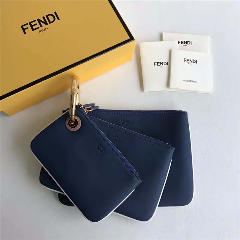 001 FENDI芬迪 F IS FEND 三套索環 小牛皮 手拿包 寶藍色