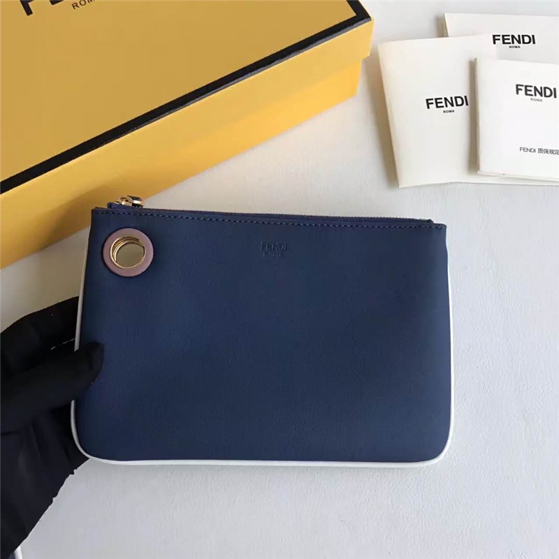 001 FENDI芬迪 F IS FEND 三套索環 小牛皮 手拿包 寶藍色