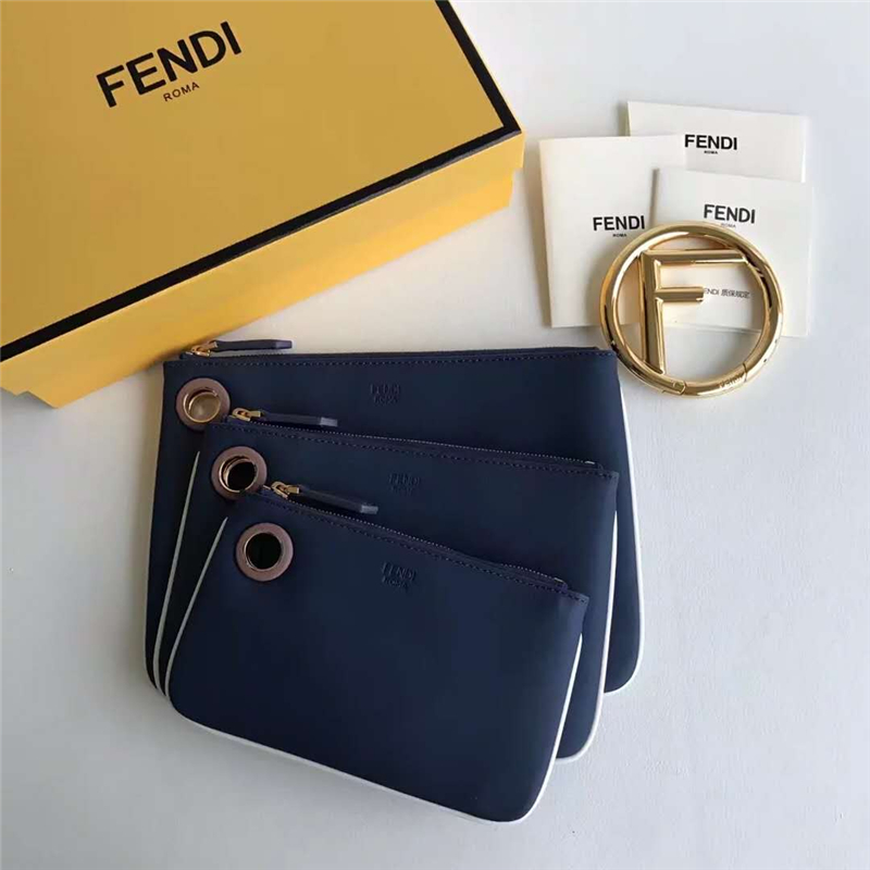 001 FENDI芬迪 F IS FEND 三套索環 小牛皮 手拿包 寶藍色