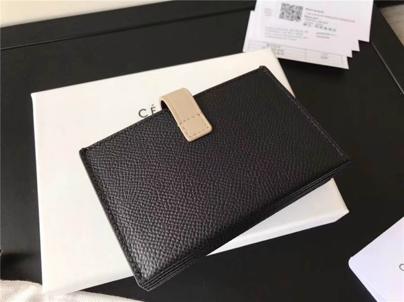 104323 Celine賽琳 Strap 粒面拼亮澤小牛皮 風琴褶 卡包 黑拼灰