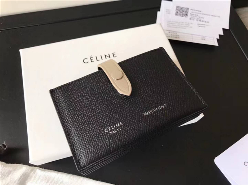 104323 Celine賽琳 Strap 粒面拼亮澤小牛皮 風琴褶 卡包 黑拼灰