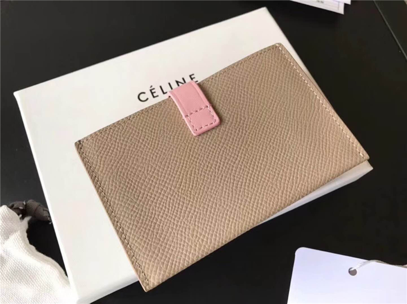 104323 Celine賽琳 Strap 粒面拼亮澤小牛皮 風琴褶 卡包 淺褐配粉