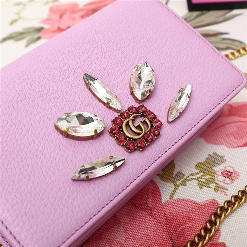 499782 GUCCI女包 古馳鏈條小包 水鉆包 帶化妝鏡 粉色