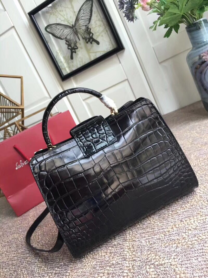 21G596 Ferragamo 菲格拉慕包包 鱷魚紋單肩包 Gancini 鏈條翻蓋包