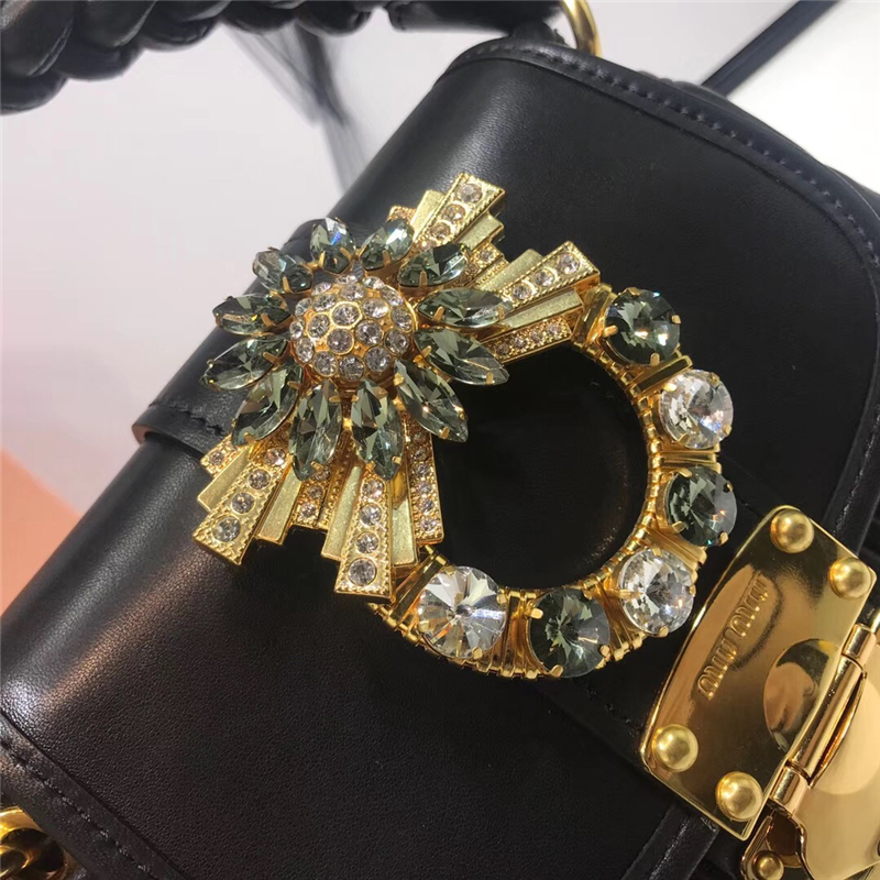 5BH111 MIUMIU專柜新品 小羊皮 小號 仿水晶裝飾帶扣 手提單肩包 黑色