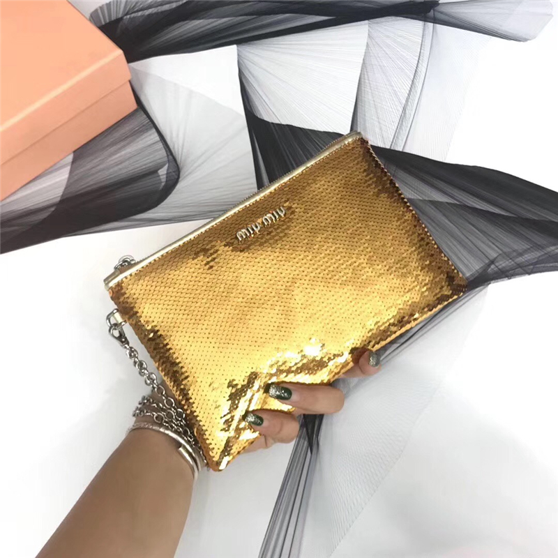 5NH81C MIUMIU專柜新款 手工珠刺繡 亮片單肩手拿包 金色