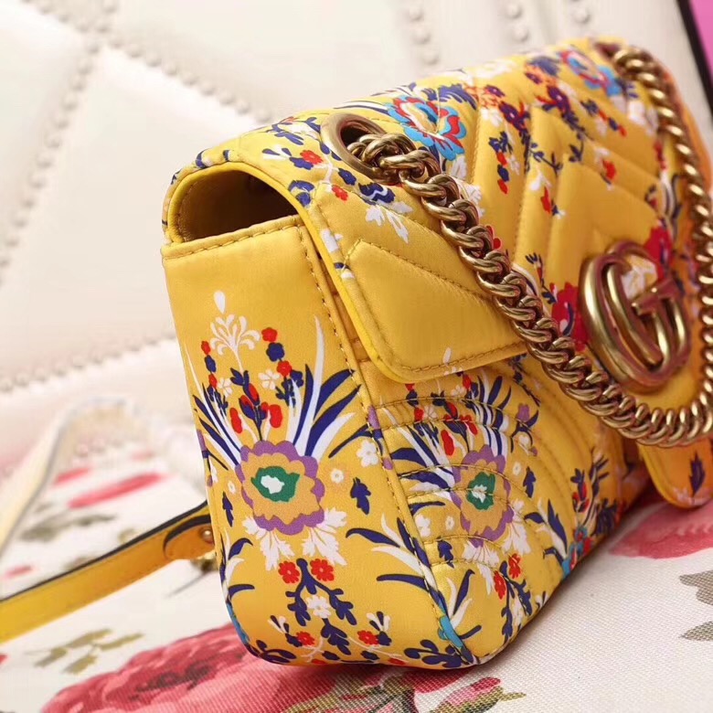 443497 Gucci GG Marmont系列 絎縫 彩色花卉印花 鏈條肩背包 黃色