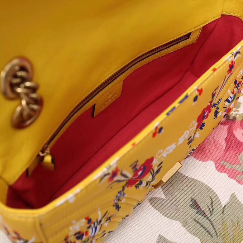 443497 Gucci GG Marmont系列 絎縫 彩色花卉印花 鏈條肩背包 黃色