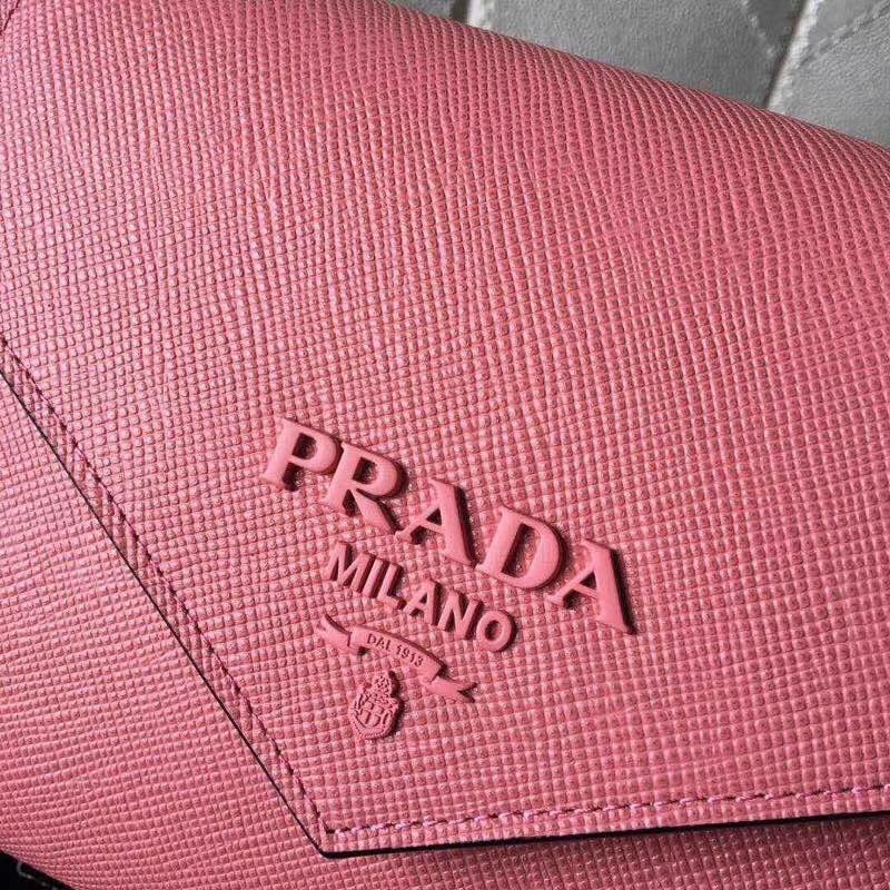 1BD127 Prada 皮革手袋 同色徽標(biāo) 鏈?zhǔn)郊鐜?單肩包 桃色