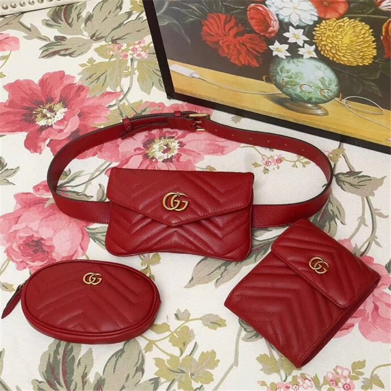524597 GG Marmont系列 絎縫 新款 三合一雙G 腰包 紅色