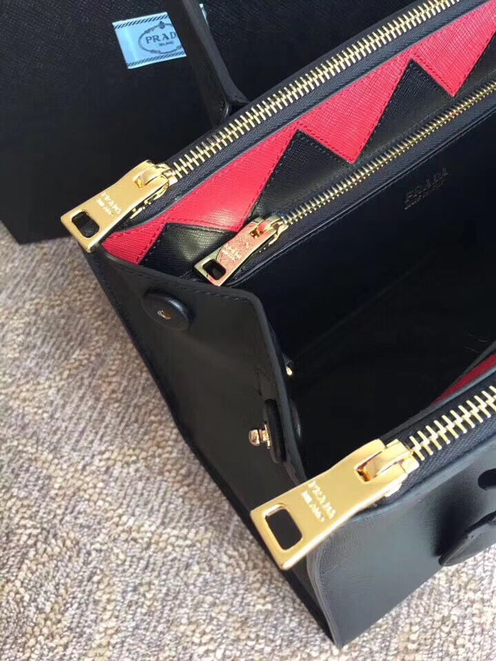 1BA102 Prada普拉達 最新款 拼色牛皮 女士手提袋 黑色