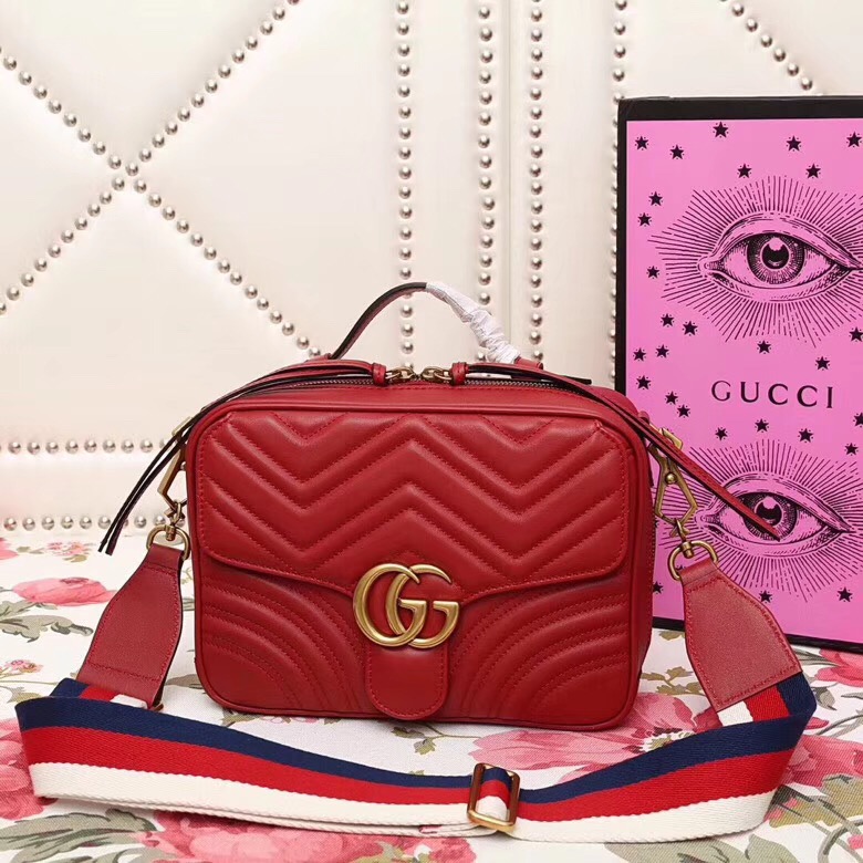 498100 Gucci GG Marmont系列 絎縫 翻蓋 肩背包 大紅