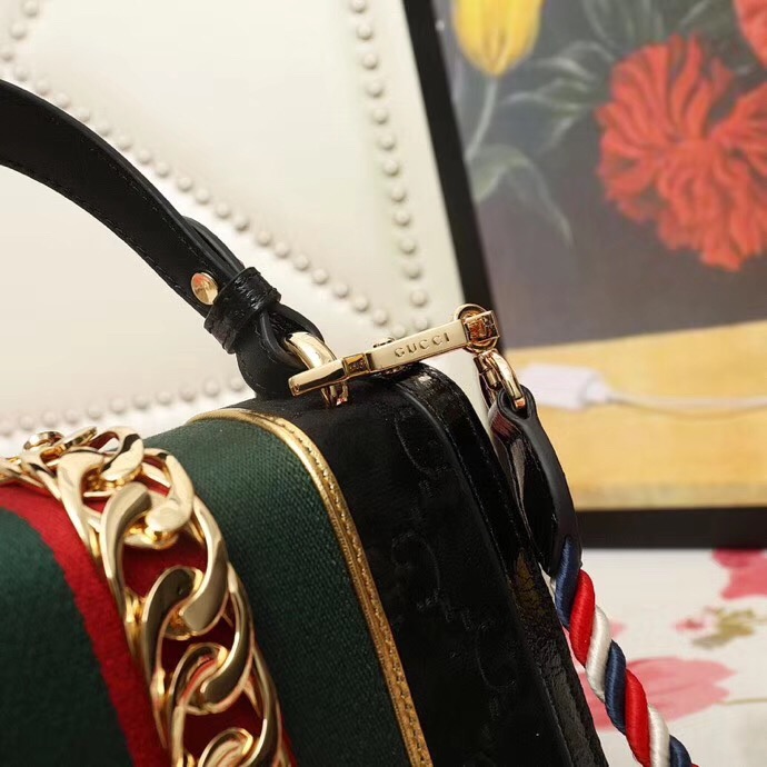 470270 Gucci Sylvie新款 絲絨拼皮 鏈扣 編織繩肩帶 手提肩包 黑色