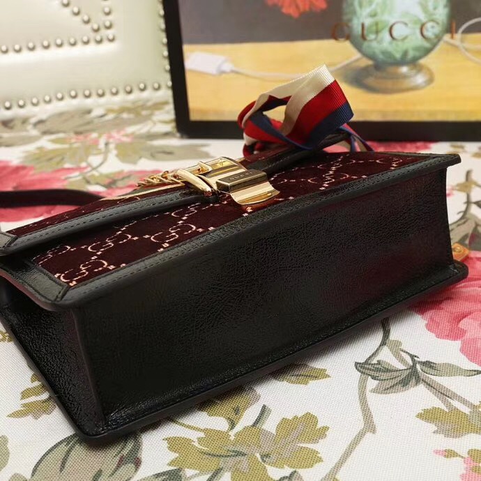 524405 GUCCI Sylvie新款 絲絨拼皮 蝴蝶結(jié)織帶 單肩女包 棗紅色