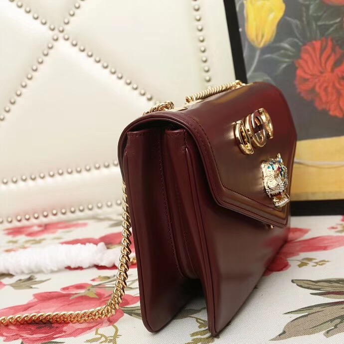 537241 Gucci 秋冬 Rajah系列 虎頭鉆石 牛皮 鏈條肩背包 棗紅色