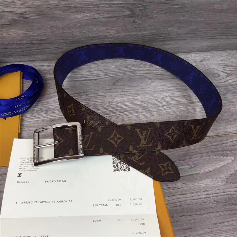 MP036 LV路易威登 經典印花 手工縫線 撞色 男士針扣皮帶 棕配藍