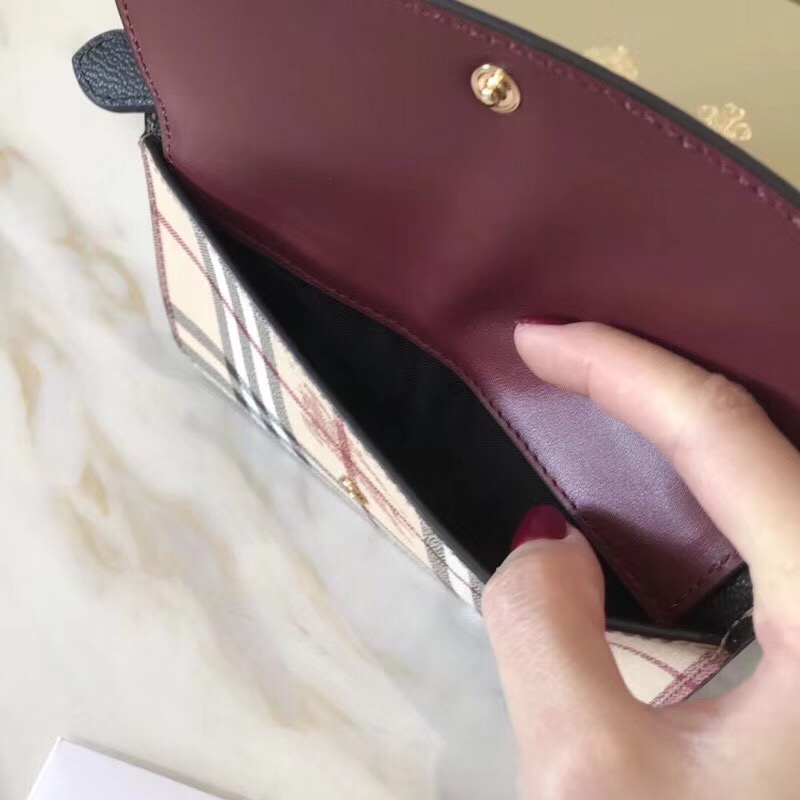 BurBerry巴寶莉 拼色前后翻蓋 戰馬格紋 手包錢包兩用包 棕色拼棗紅