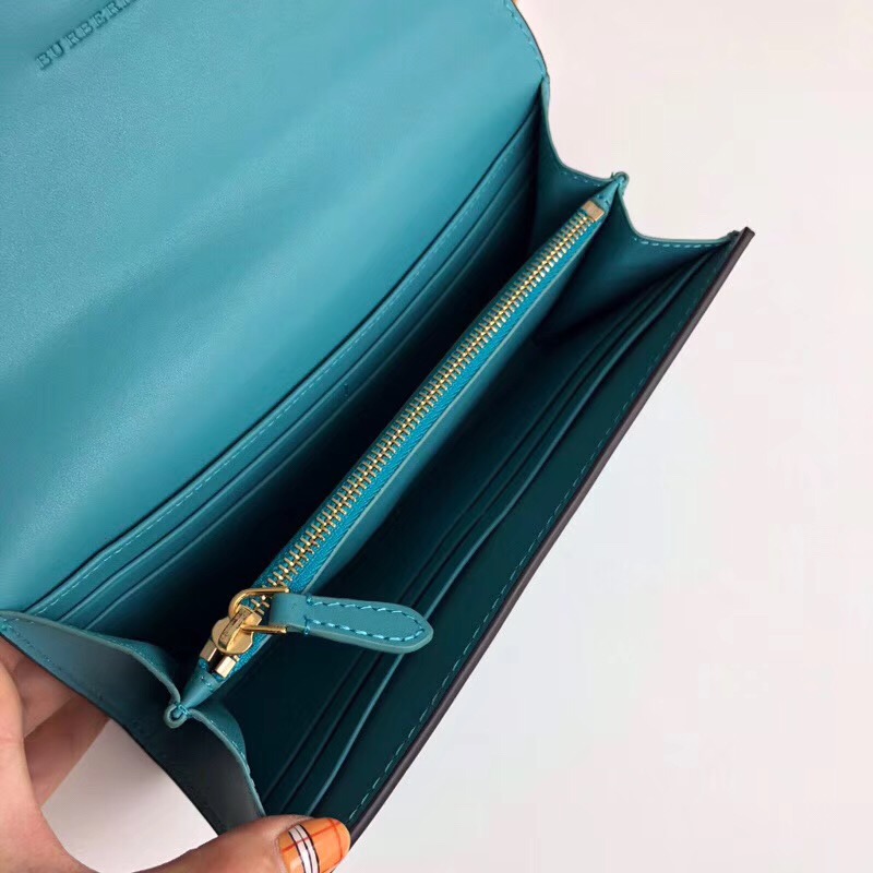 Burberry新款 巴寶莉錢包 皮革 長款錢夾 山羊紋小牛皮 湖綠色
