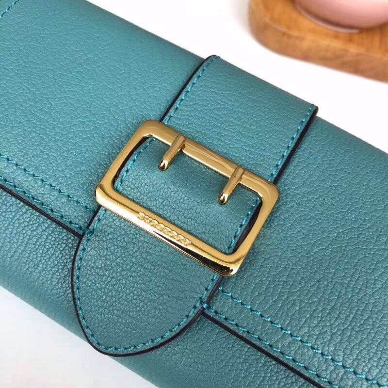 Burberry新款 巴寶莉錢包 皮革 長款錢夾 山羊紋小牛皮 湖綠色