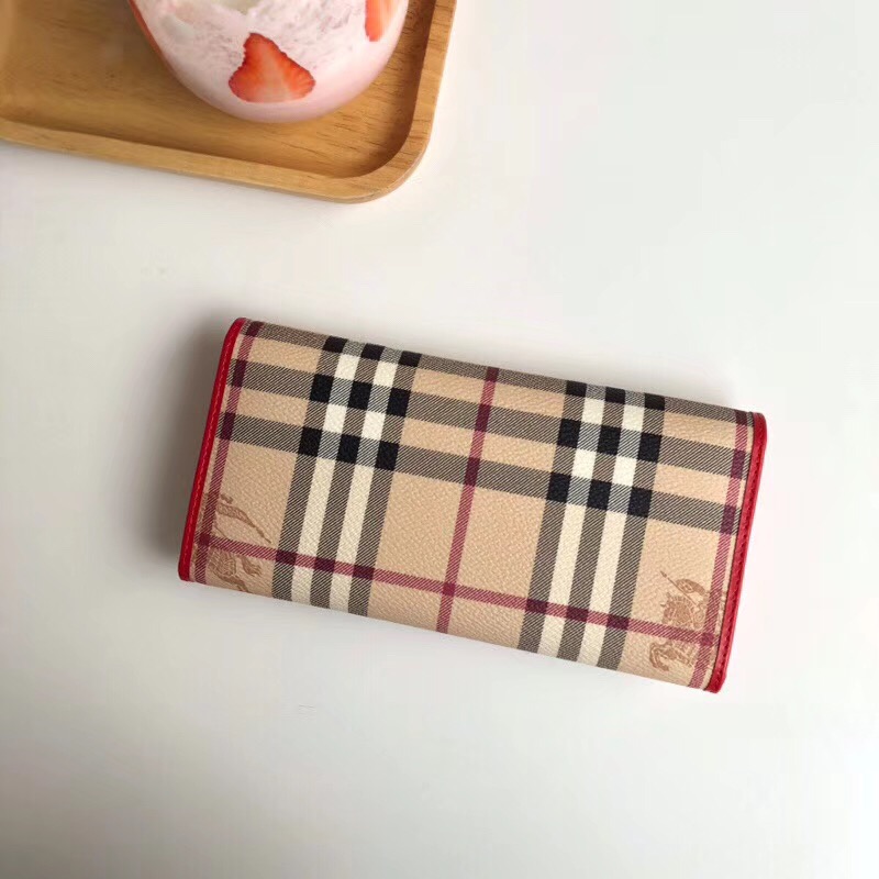 Burberry巴寶莉 經典格紋按扣 戰馬印花 女士長款錢包 大紅