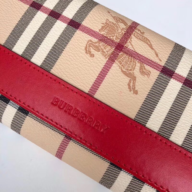 Burberry巴寶莉 經典格紋按扣 戰馬印花 女士長款錢包 大紅